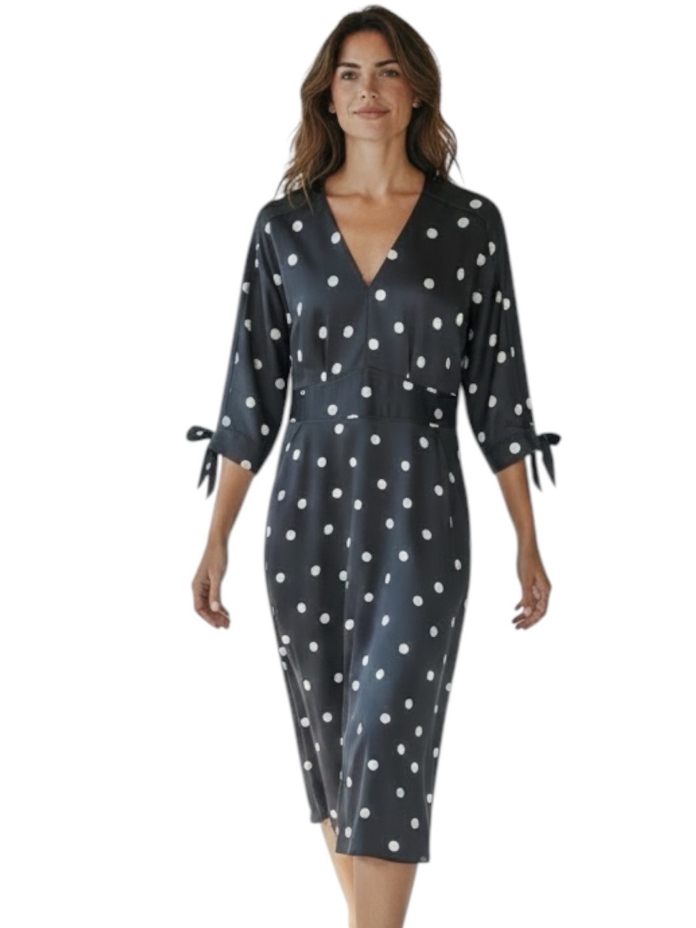 Classy Anne Klein Black Dress W/White Polka Dots & Ties 3/4 Length Sleeves. Sz 6